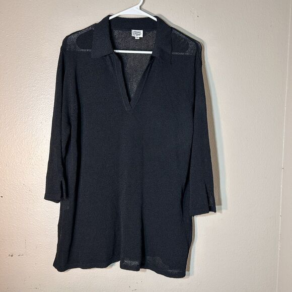 Margaret O’Leary 3/4 Sleeve V Neck Henley Top Black Medium Vintage - Picture 1 of 5